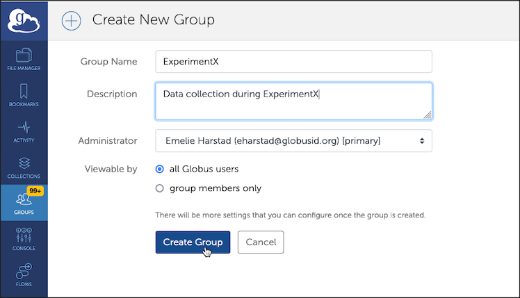 Create New Group page with Create Group button selected