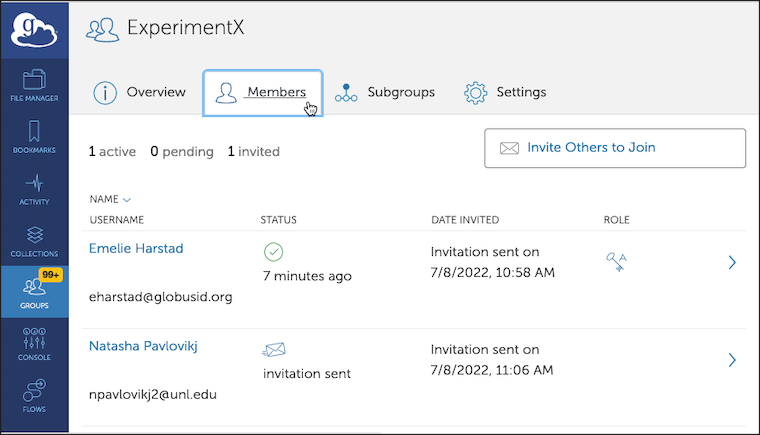 View after selecting a group, showing the Members page