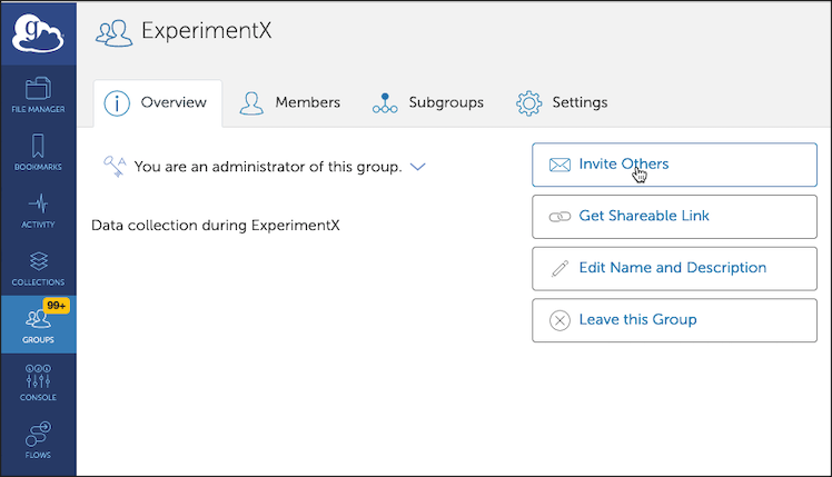 View after selecting a group, with the Invite Others button selected