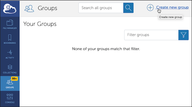 The Groups page on Globus with Create new group selected in the top right corner