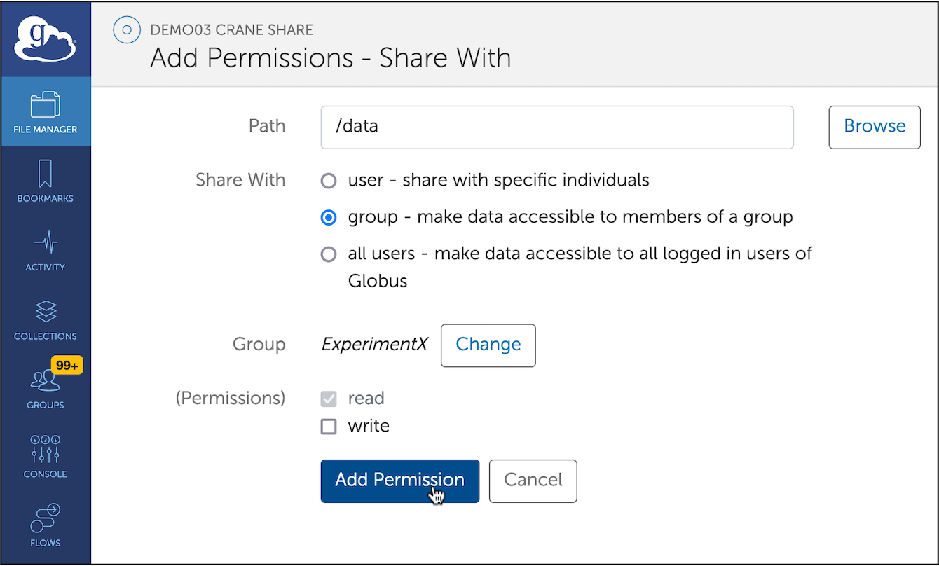 The Add Permissions Page with Share with Group selected and mouse on the Add Permission button