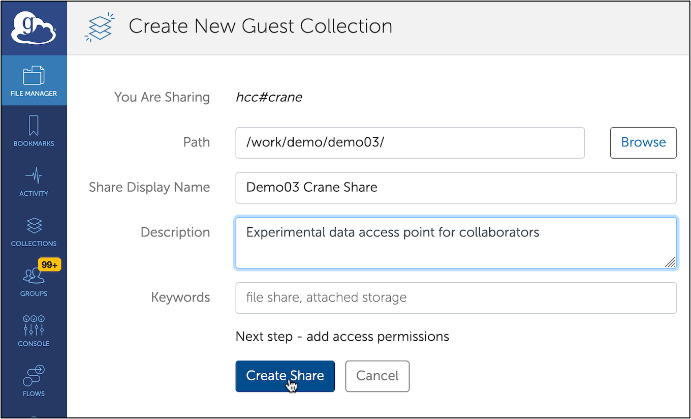 Create New Guest Collection with fields filled out and Create Share button selected