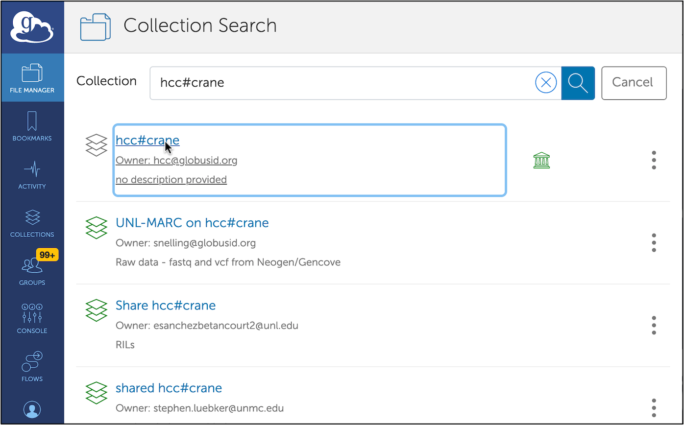 Globus Connect Collection Search Page looking for hcc#crane