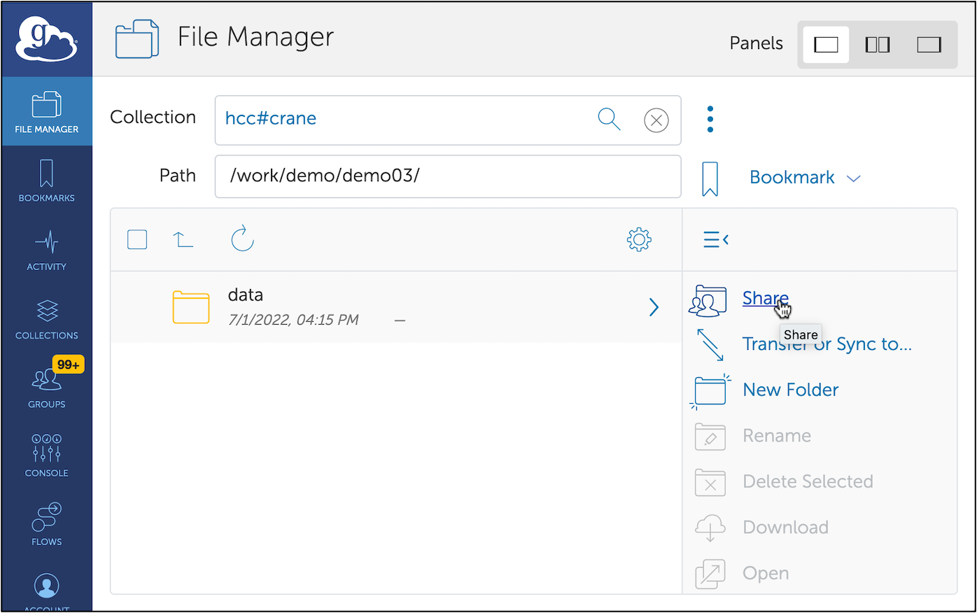 Globus File Manager page with the Share option on the right selected