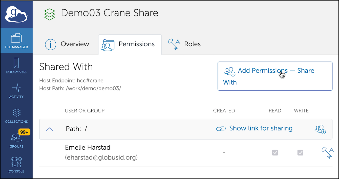 The Share page with the Add Permissions button selected