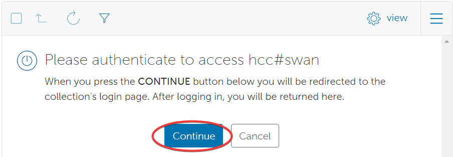 on the Please authenticate to access hcc#swan page, the Continue button is circled