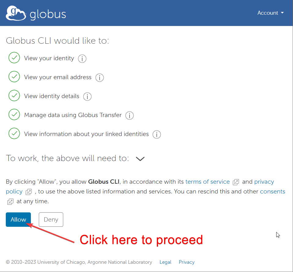 Globus website with Allow button circled