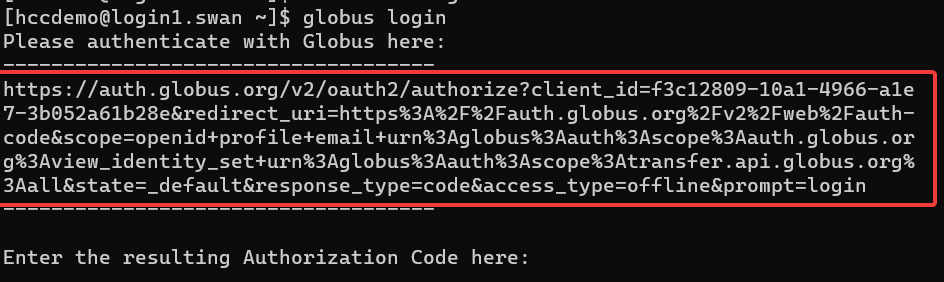 terminal with globus login command and a url circled