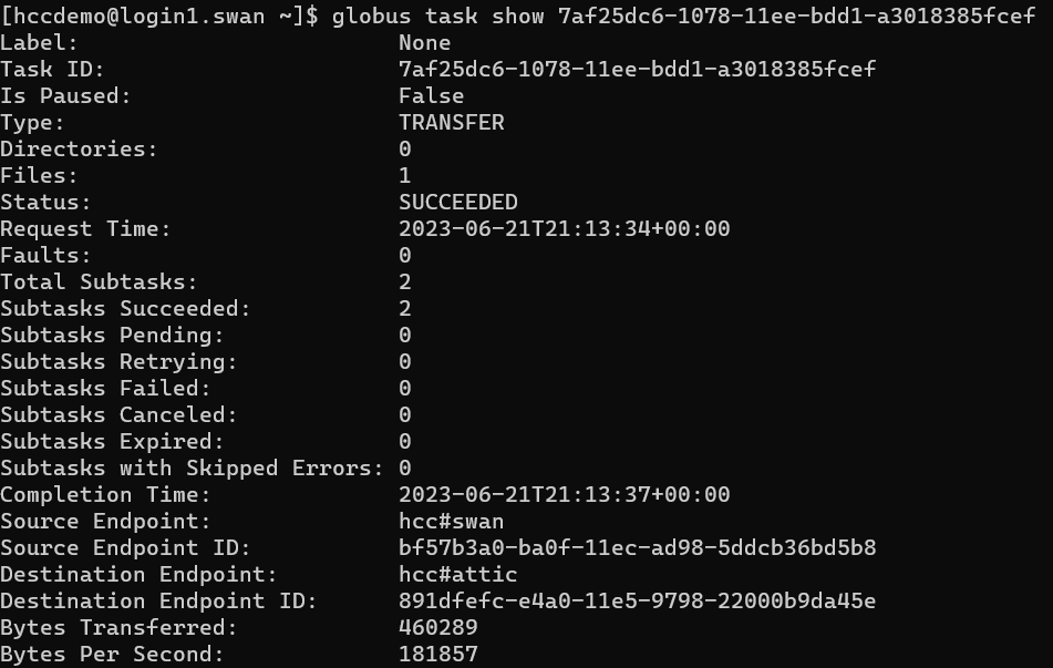 showing the status of transfer in terminal