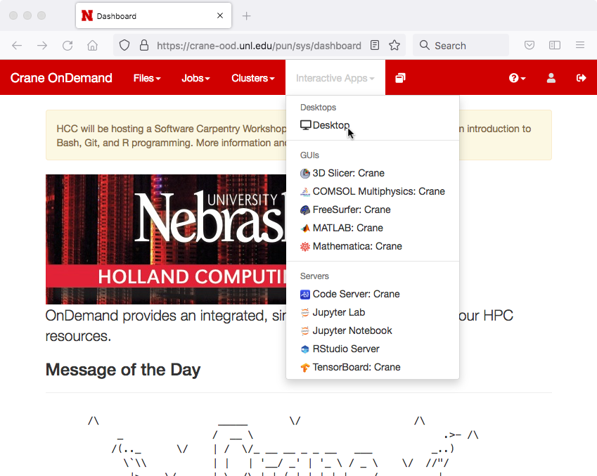 Under the Interactive Apps menu in HCC OnDemand, Desktop is selected