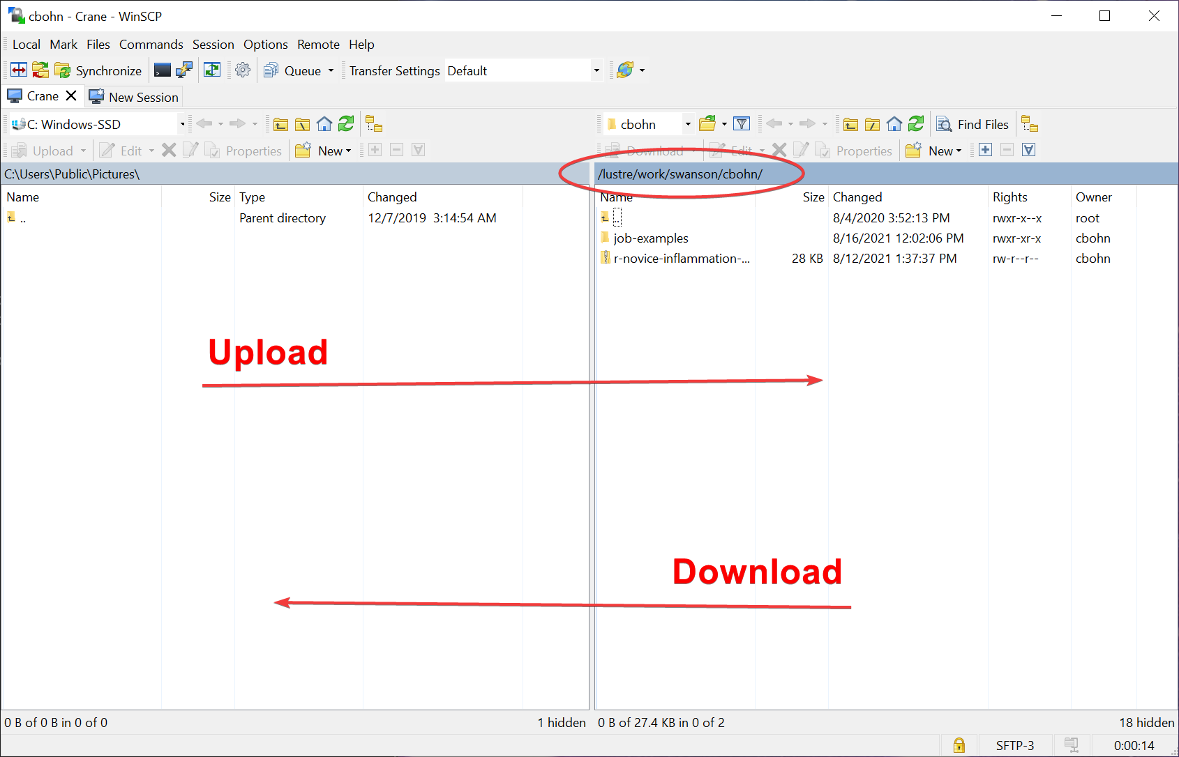 local storage window on left with HCC storage window on right. Arrow that says upload goes from local window to HCC window. Arrow that says download goes from HCC window to local window