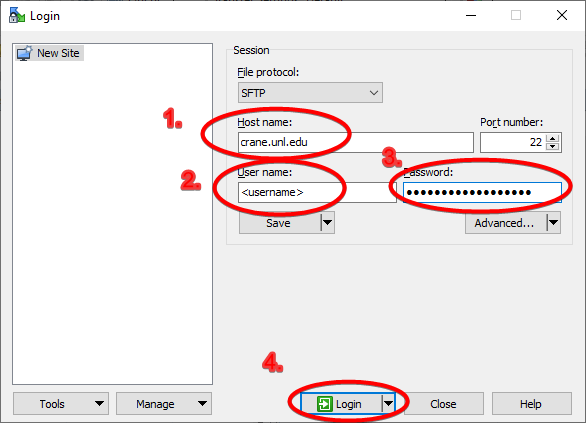 Login window with Host name of crane.unl.edu, user name as \<username>, password filled in, and Login button circled