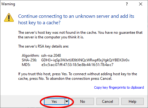 warning of connecting to unknown server with Yes button circled