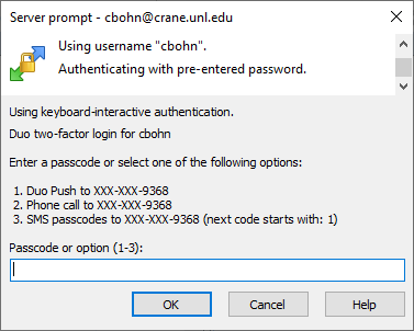 Server prompt window with options for Duo 2FA push