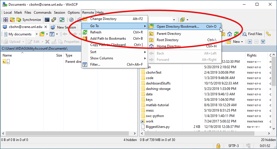 Documents window with Remote dropdown open and Go To dropdown opened with Open Directory/Bookmark selected