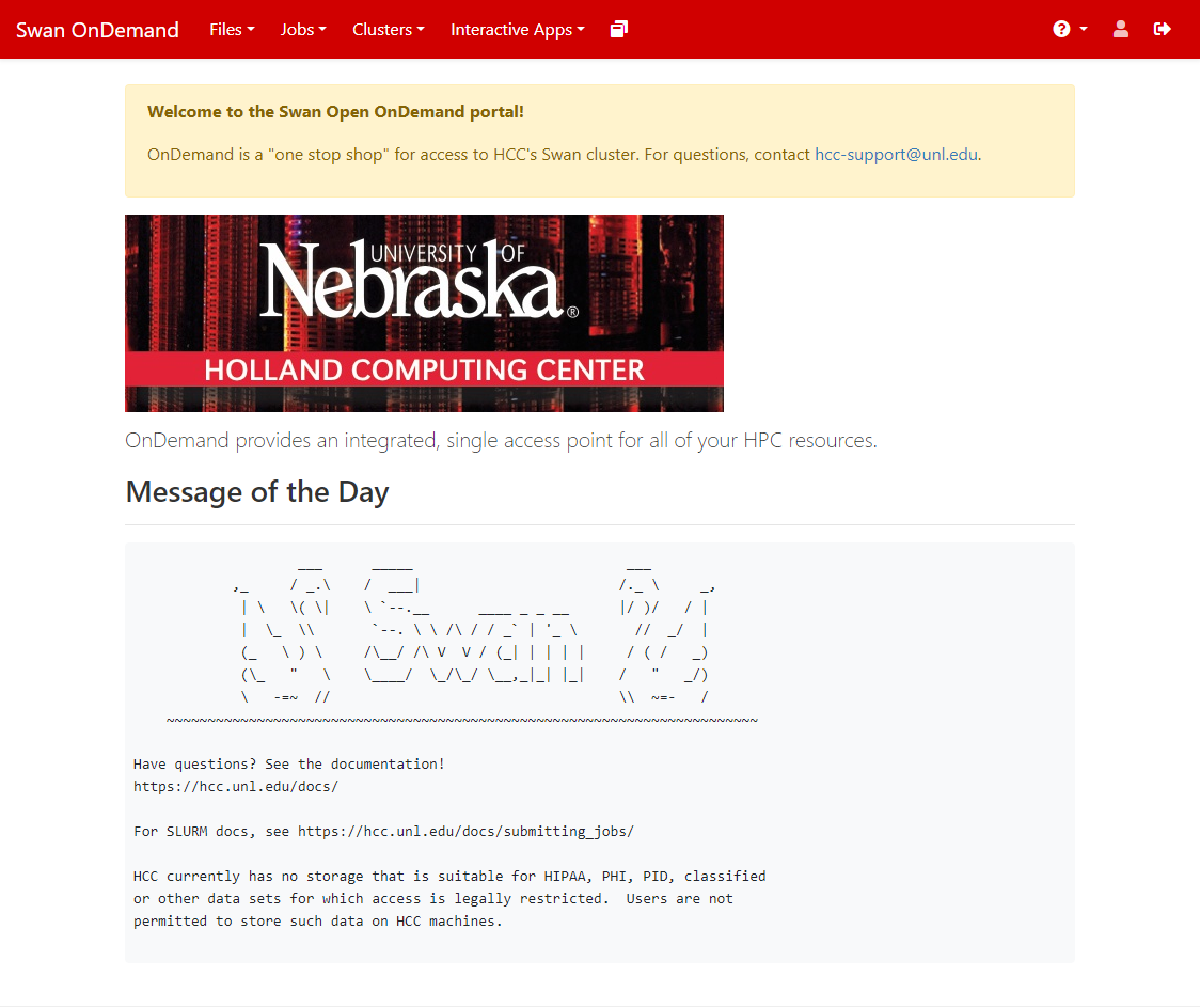View of the Swan Open OnDemand Portal once successfully logged in