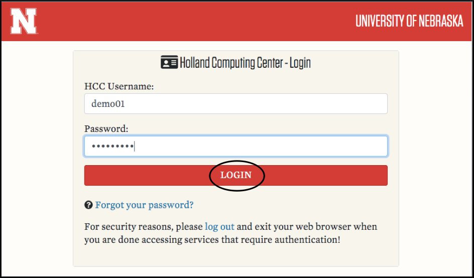 HCC login screen with username and password filled in and the login button circled