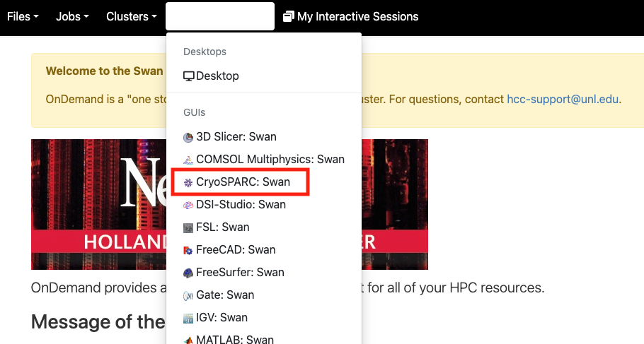 The Interactive Apps dropdown with CryoSPARC: Swan circled