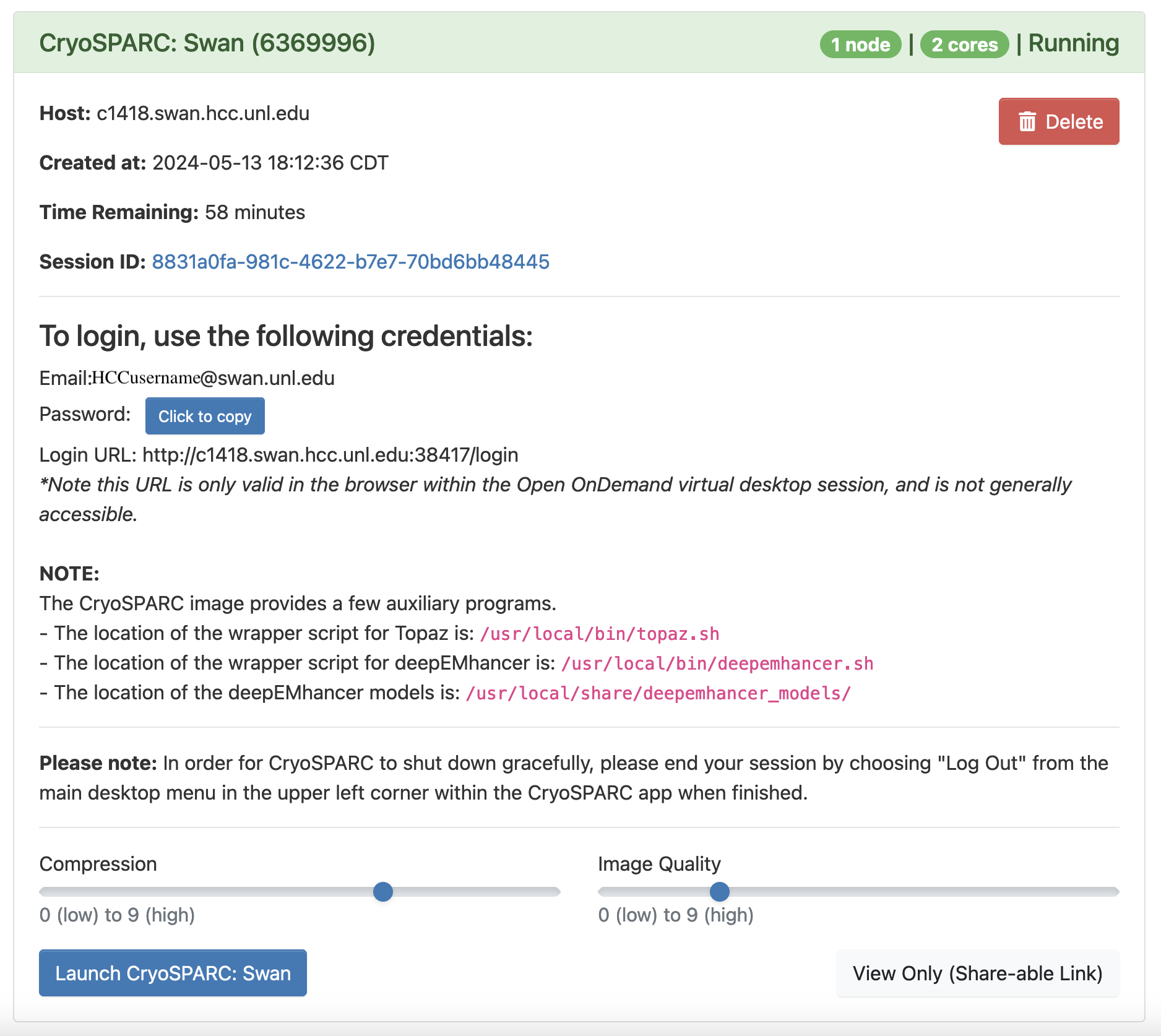 The CryoSPARC: Swan interactive apps pannel view