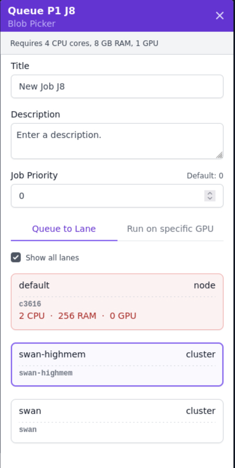 The queue page showing default or swan-highmem or swan as available lanes