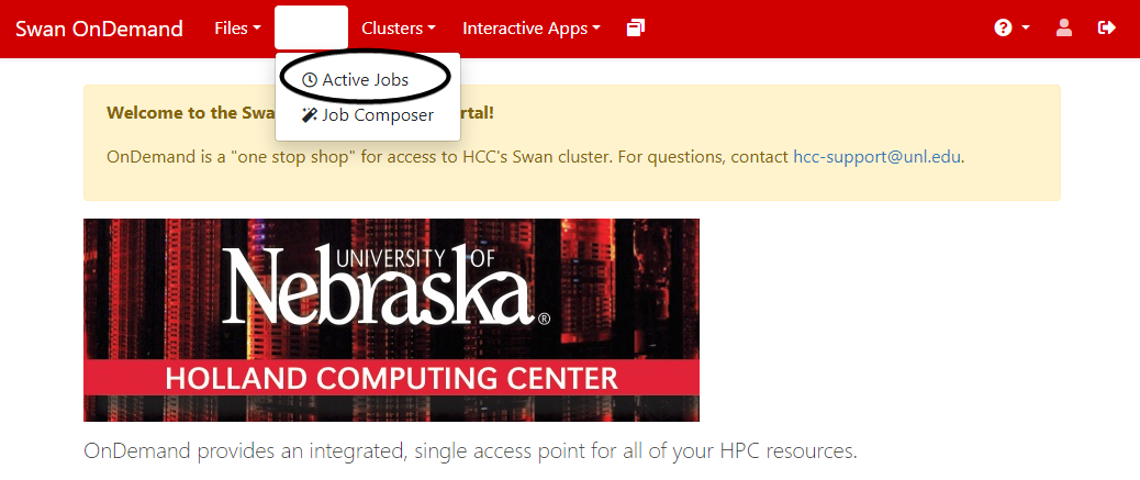 View showing the pop-up window after selecting Jobs, with the option Active Jobs circled
