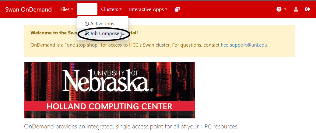 View showing the pop-up window after selecting Jobs, with the option Job Composer circled