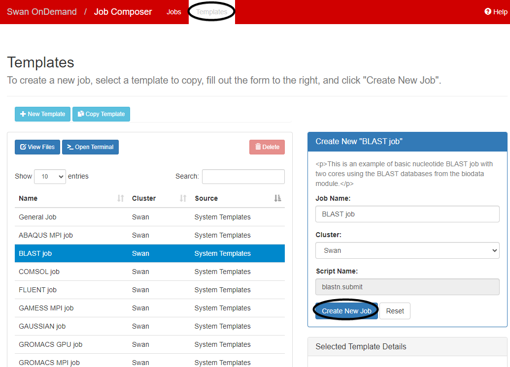 view of the templates panel, with the templates button circled