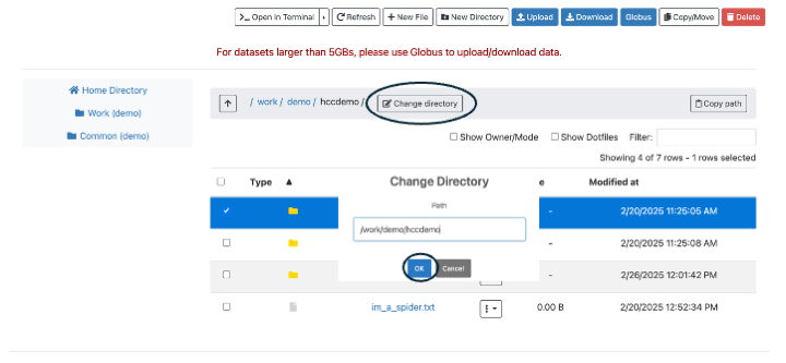 The Change Directory button is circled and a pop-up to change the directory is shown