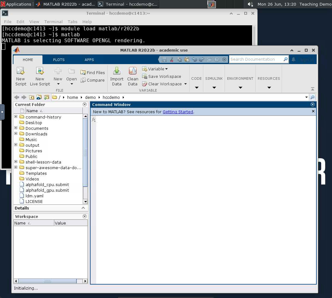 A view of the MATLAB interactive GUI with the HCC terminal in the background