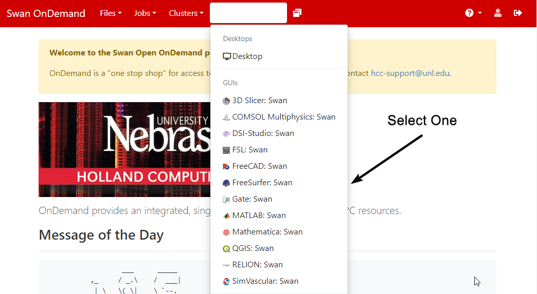 View of the Interactive Apps dropdown, with prompting to select an app