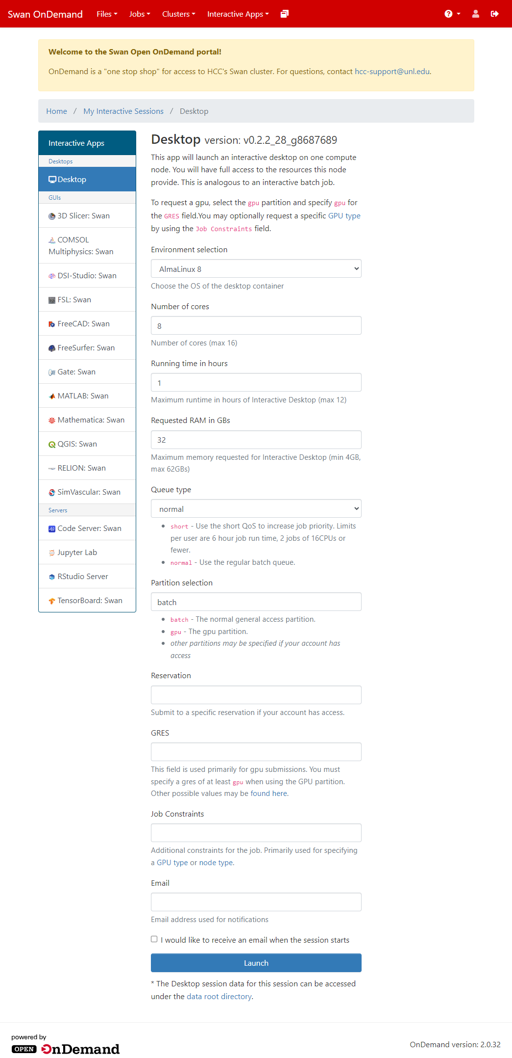 A view of the parameter panel to fill in the resources needed for the job