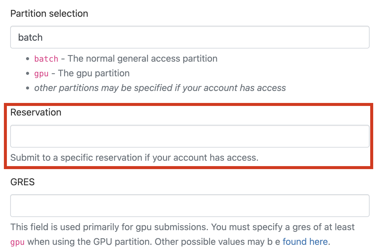 Screenshot showing the location of the reservation field in an Open OnDemand application