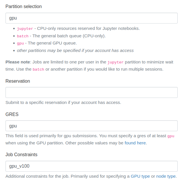 Open OnDemand page for selecting JupyterLab computing resources with Partition selection as 'gpu', GRE as 'gpu', and Job Constraints as 'gpu_v100'
